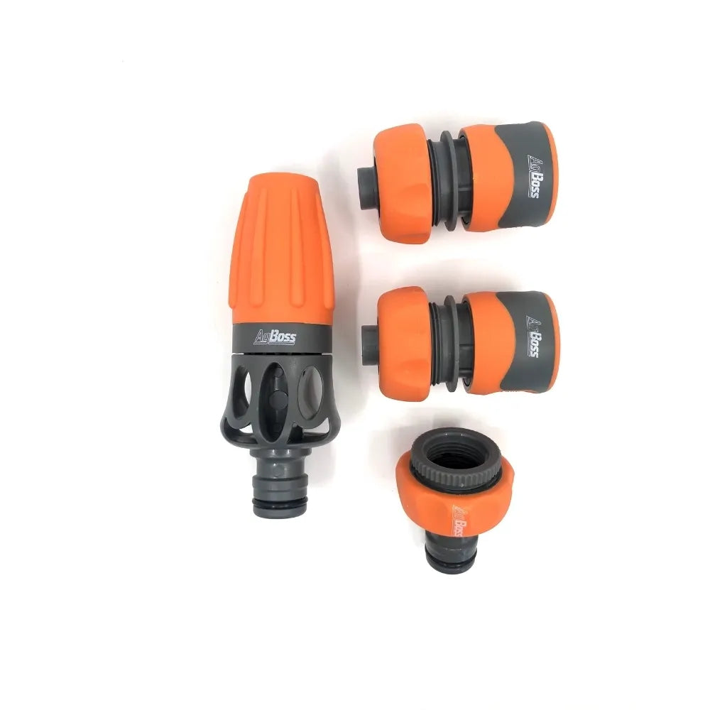 Set of orange and black garden hose fittings on a white background