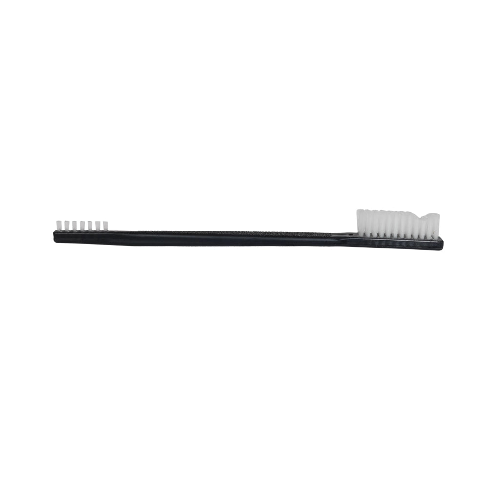 Black spray nozzle brush with white bristles on a white background