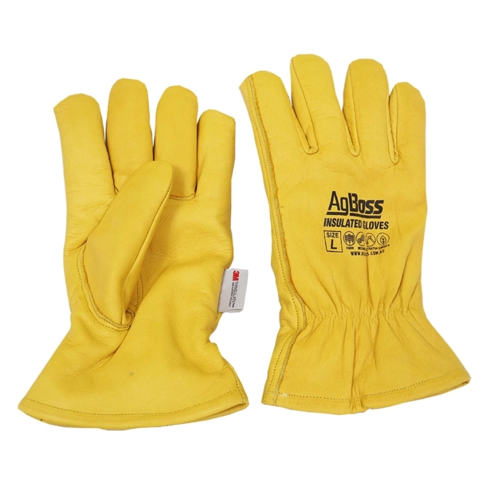 Pair of yellow insulated gloves with 'AgBoss' branding on a white background