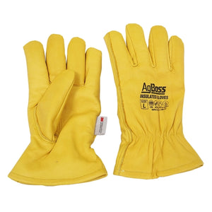 Pair of yellow insulated gloves with 'AgBoss' branding on a white background