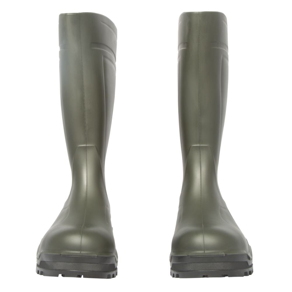 Pair of green rubber boots on a white background