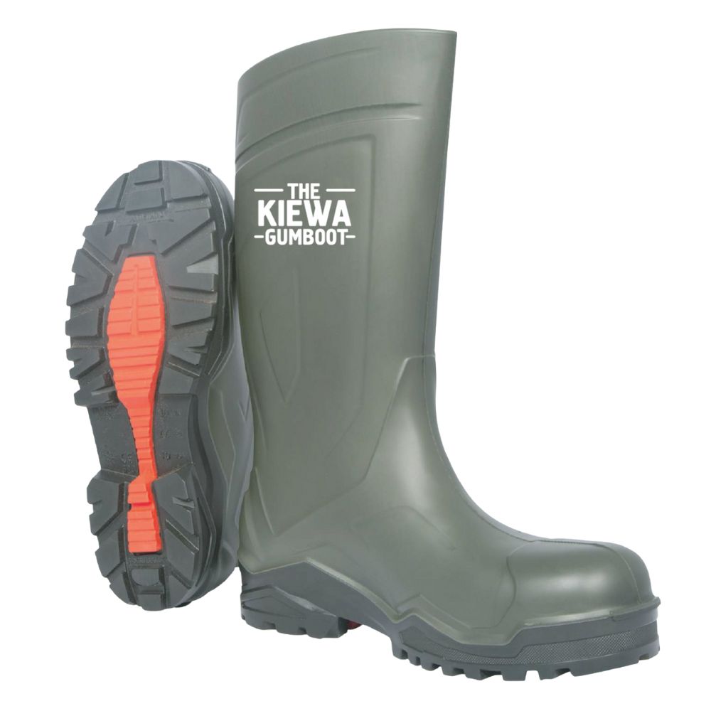 Green rubber boot with red sole and 'The Kiewa Gumboot' branding on a white background