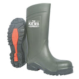 Green rubber boot with red sole and 'The Kiewa Gumboot' branding on a white background
