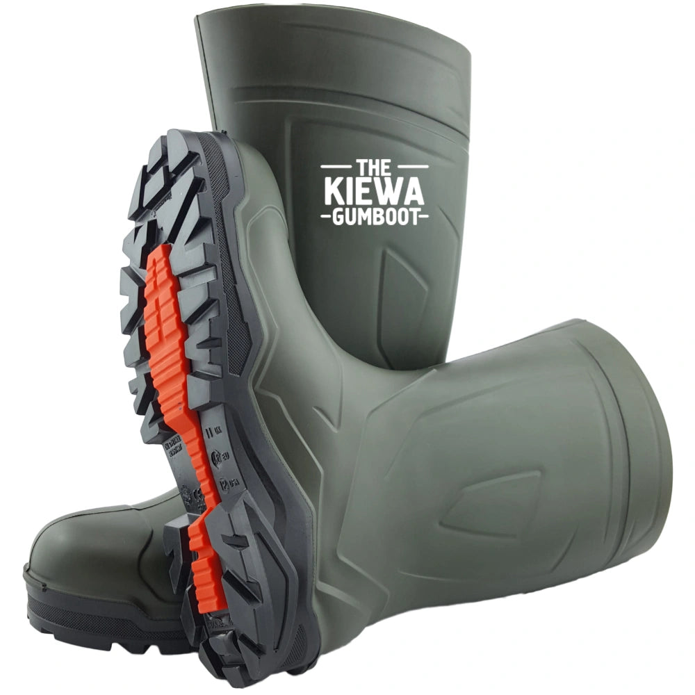 Green gumboot with orange sole and 'The Kiewa Gumboot' branding on a white background