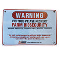 Warning sign about farm biosecurity with AgBoss branding