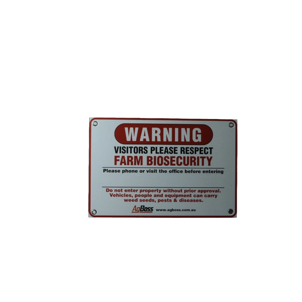 Warning sign about farm biosecurity on a white background