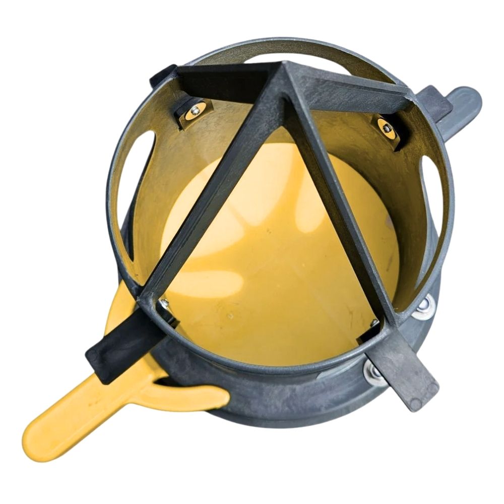 Dark grey vidbag jumbo bulk bag dispenser with a yellow handle on a white background