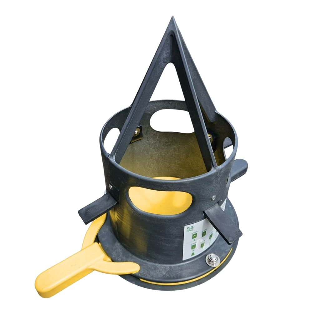 Dark grey vidbag jumbo bulk bag dispenser with a yellow handle on a white background