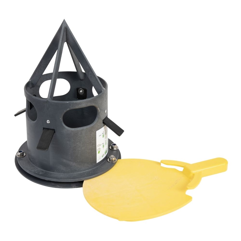 Dark grey vidbag jumbo bulk bag dispenser with a yellow handle on a white background