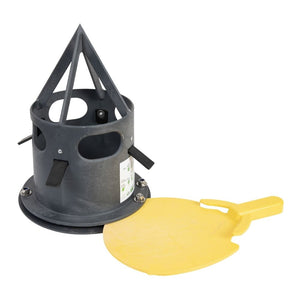 Dark grey vidbag jumbo bulk bag dispenser with a yellow handle on a white background