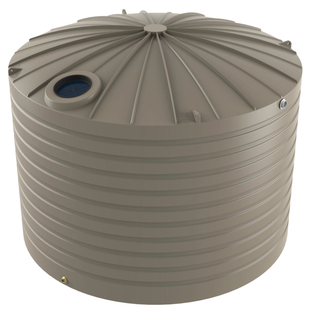 Beige water storage tank with a blue valve on a white background