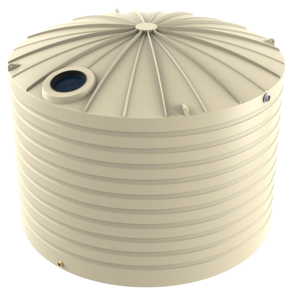 Beige plastic water storage tank with a dome-shaped lid on a white background