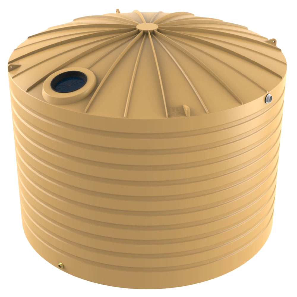 Beige plastic water storage tank with a dome-shaped lid on a white background