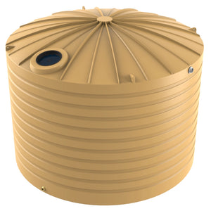Beige plastic water storage tank with a dome-shaped lid on a white background