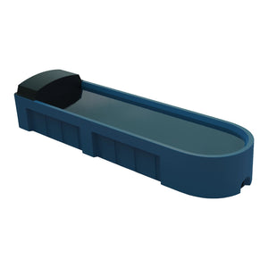 Blue plastic water trough with a black float cover at the end on a white background
