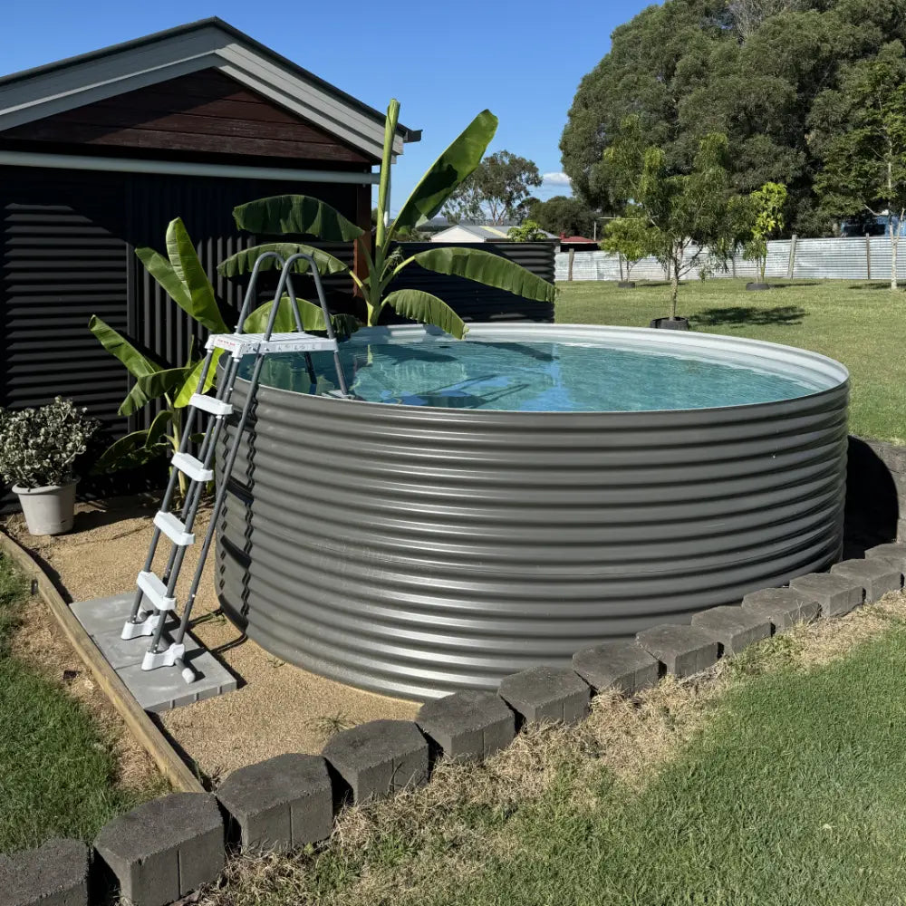 Large metal above-ground pool with a ladder in a backyard setting