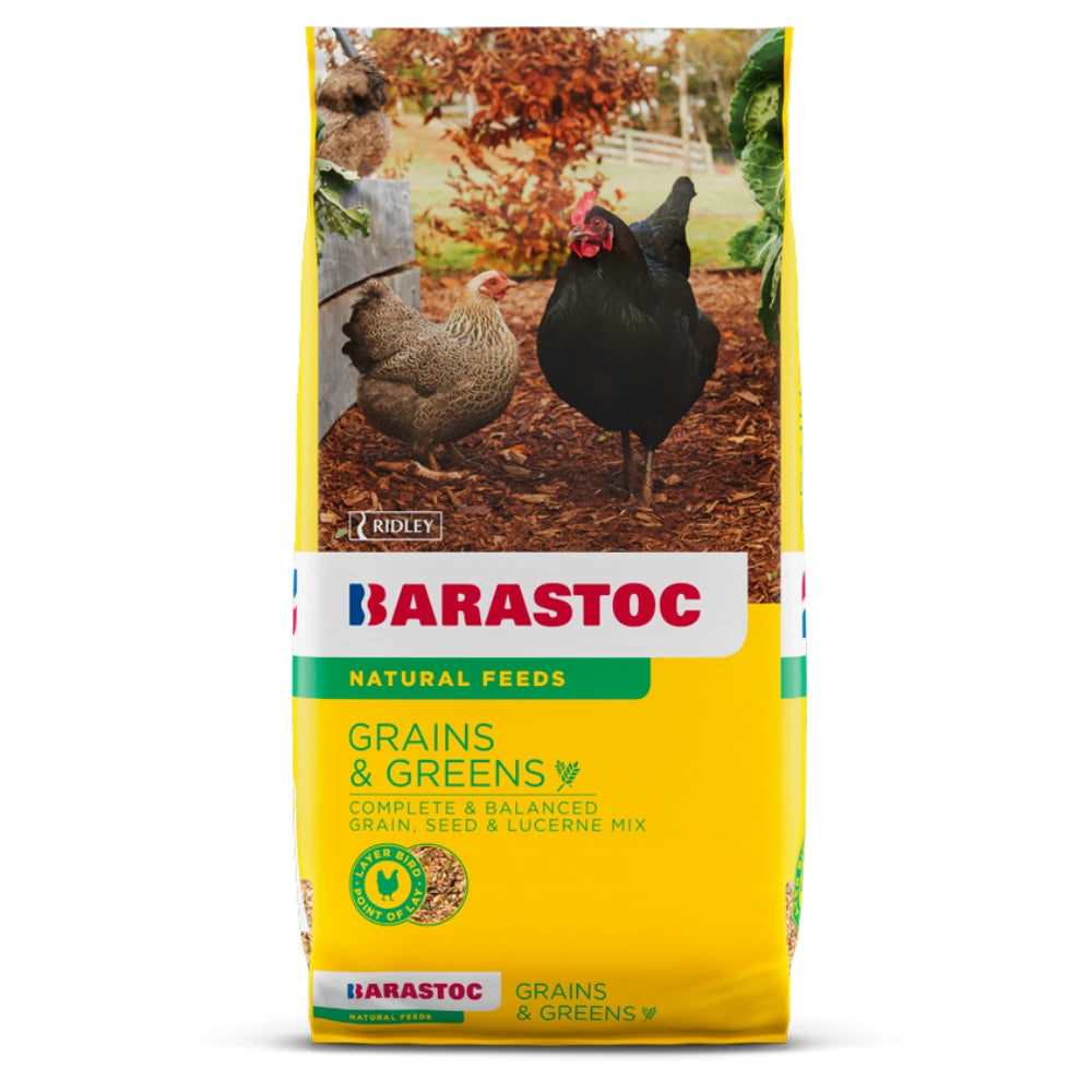 Barastoc Grains & Greens feed bag with chickens on a natural background