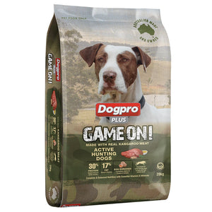 Dogpro Plus Game On! dog food package with a dog on the label against a natural background