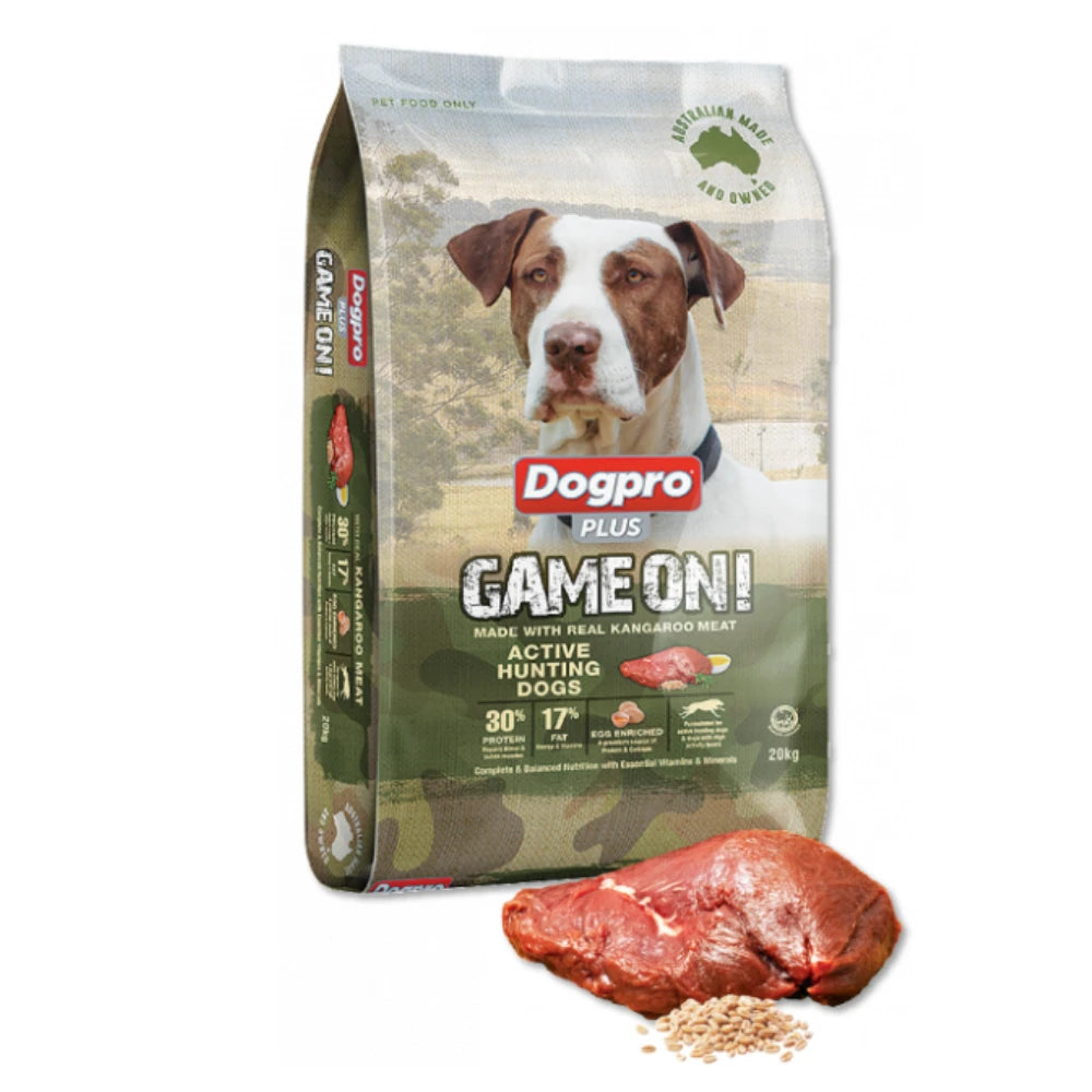 Dogpro Plus Game On! dog food package with a dog on the label and a piece of meat in front.