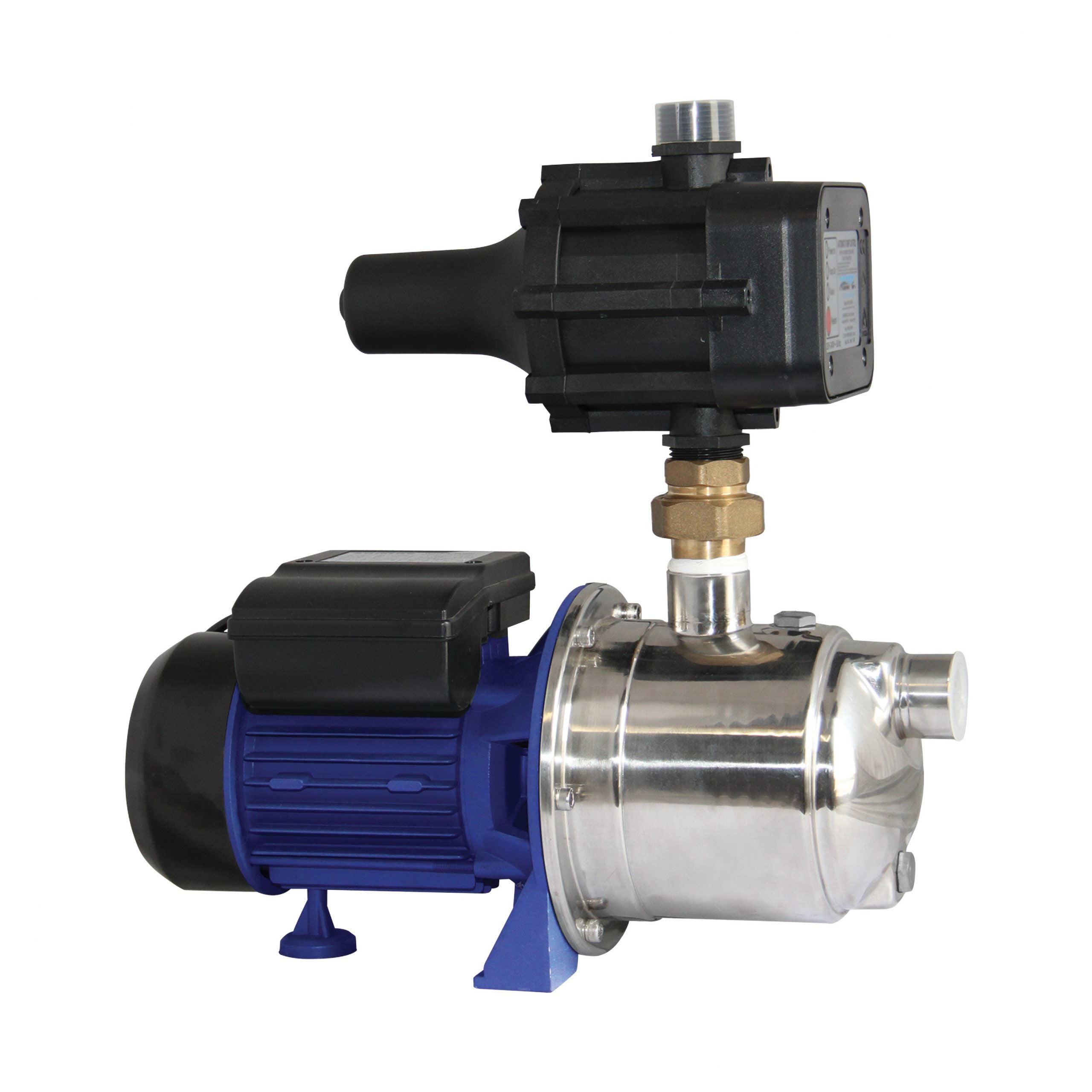Reefe pump with black and blue motor and metallic body on a white background