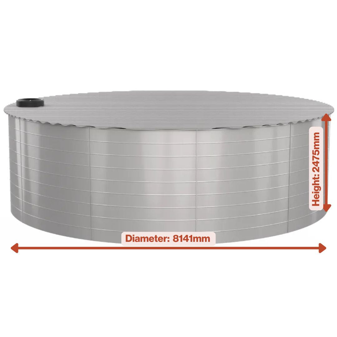 Steel cylindrical water tank with measurements on a white background