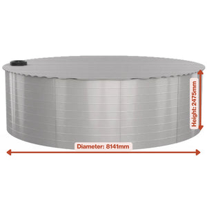 Steel cylindrical water tank with measurements on a white background