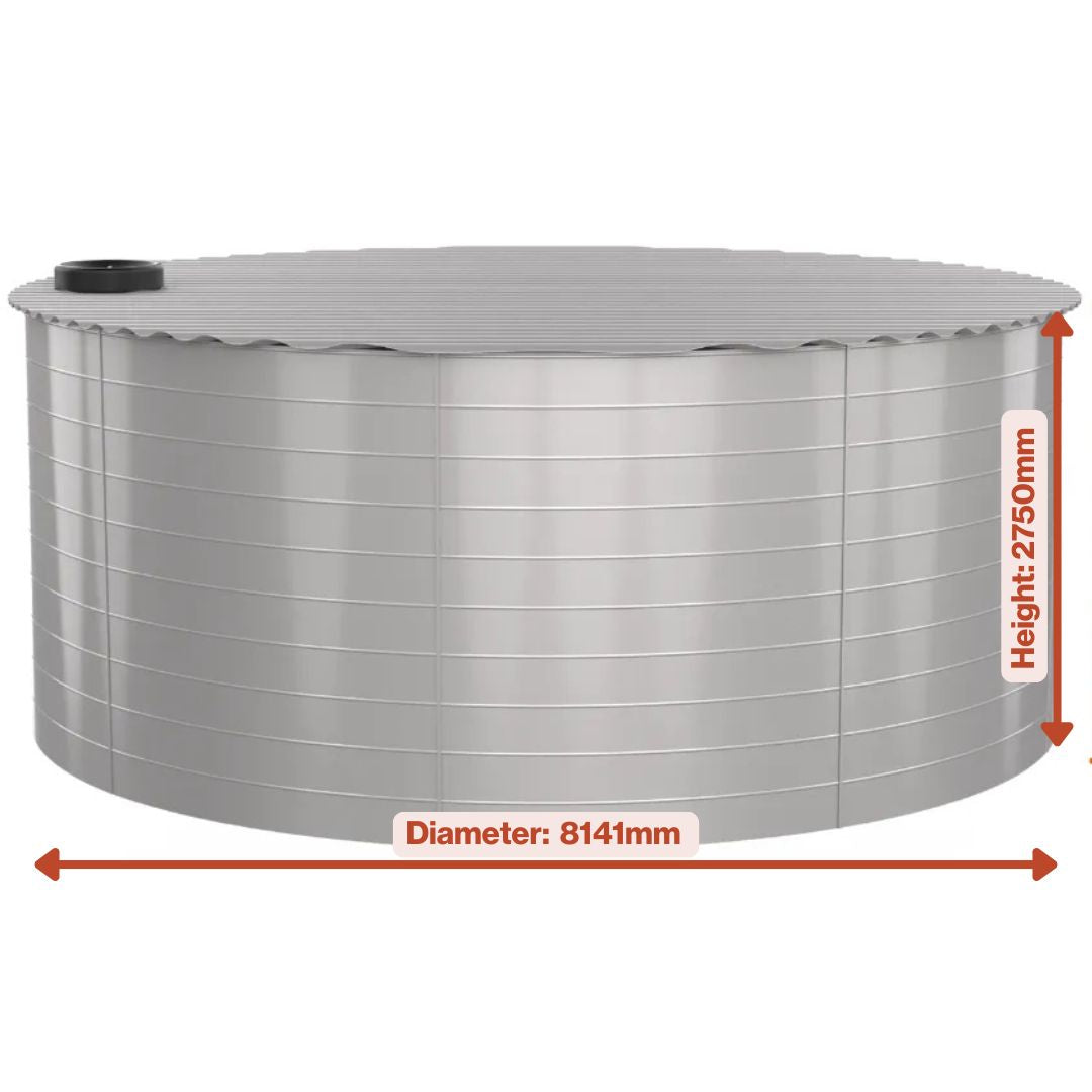 Steel cylindrical water tank with measurements on a white background