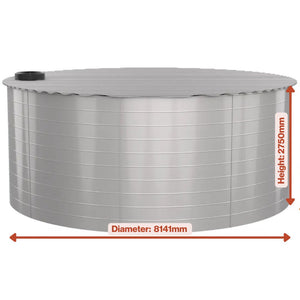 Steel cylindrical water tank with measurements on a white background