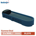 Blue water trough with black top on a white background, featuring Bushmans branding and a summer deal offer.