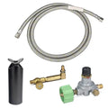 Set of gas grill accessories including a hose, regulator, and nozzles on a white background.