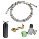 Set of gas grill accessories including a hose, regulator, and nozzles on a white background.