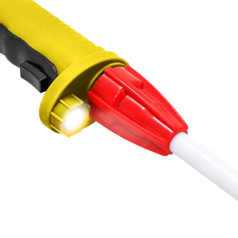 Yellow and red cattle prod with a LED light and a white wand on a white background