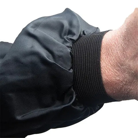 Grey sleeve with a textured black elastic cuff on a white background