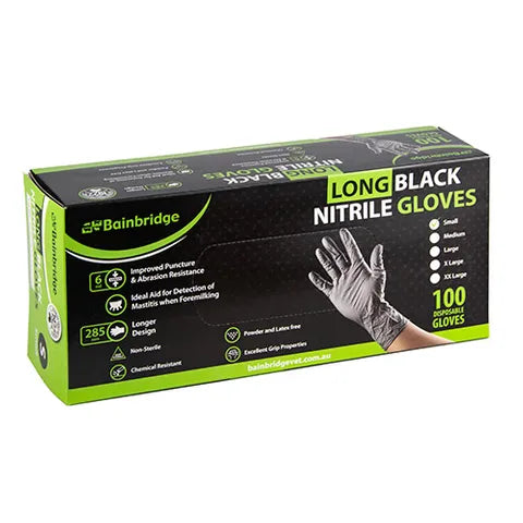 Box of Bainbridge long black nitrile gloves on a white background