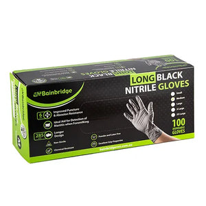 Box of Bainbridge long black nitrile gloves on a white background
