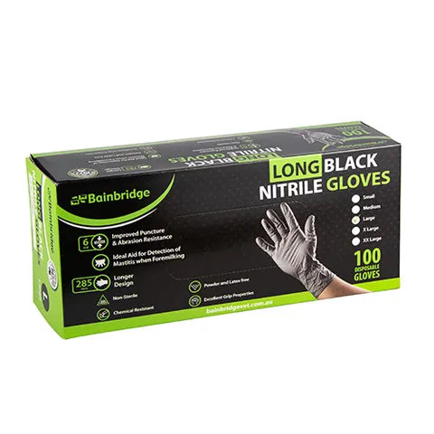 Box of Bainbridge long black nitrile gloves on a white background