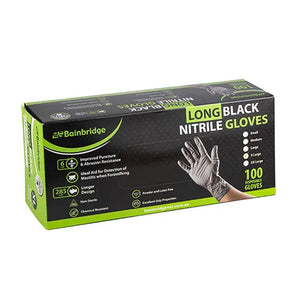 Box of Bainbridge long black nitrile gloves on a white background
