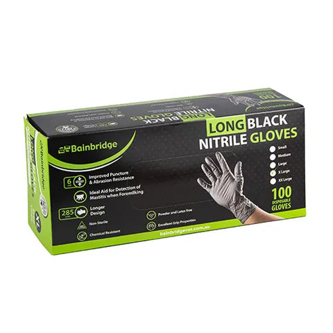 Box of Bainbridge long black nitrile gloves on a white background