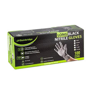 Box of Bainbridge long black nitrile gloves on a white background