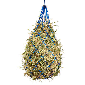 Hay net with blue rope hanging on a white background