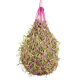 Hay net with pink rope on a white background