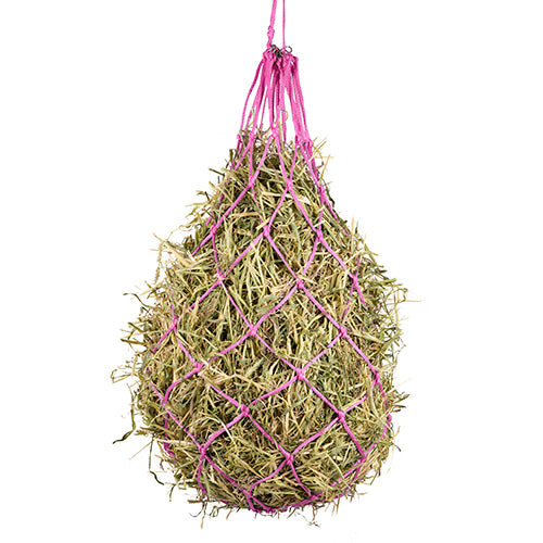 Hay net with pink rope on a white background