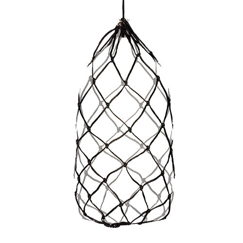 Black netting bag hanging against a white background