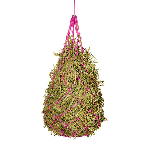 Hay net with green hay and pink rope on a white background