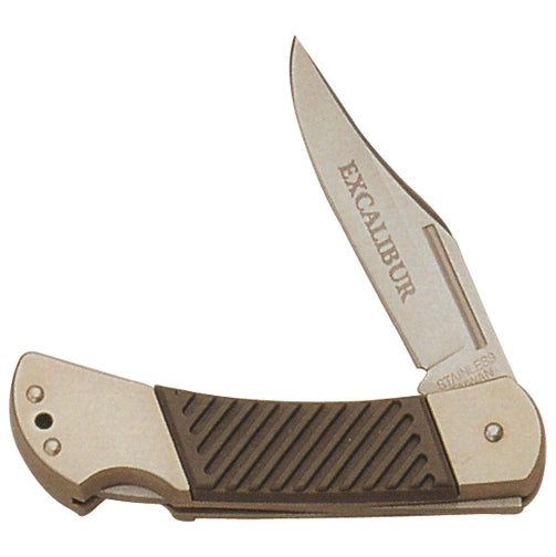 Folding knife with 'Excalibur' branding on a white background