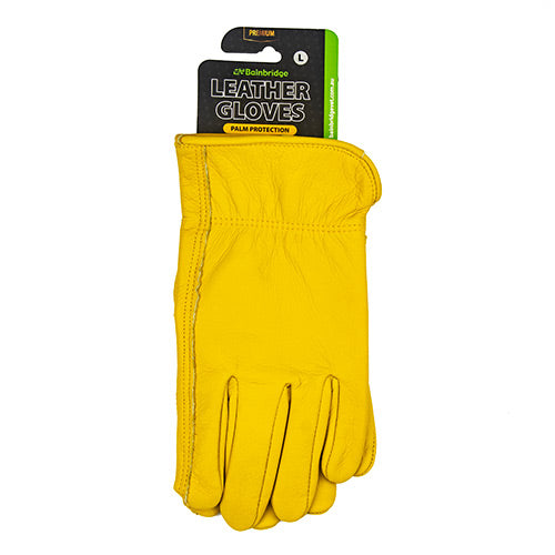 Yellow leather glove on a white background with a visible brand label.