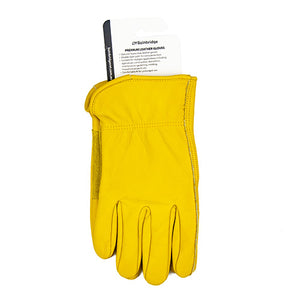 Yellow leather glove with a brand label on a white background