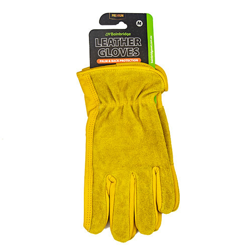 Yellow leather glove with palm and back protection on a white background