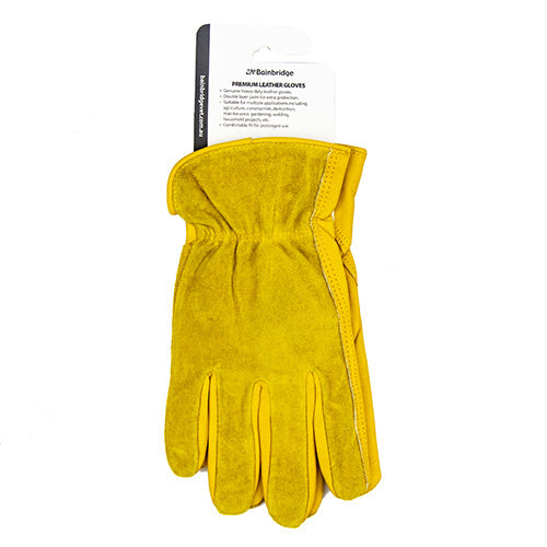 Yellow leather glove with a visible brand label on a white background