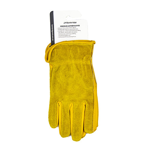 Yellow leather glove with a visible brand label on a white background